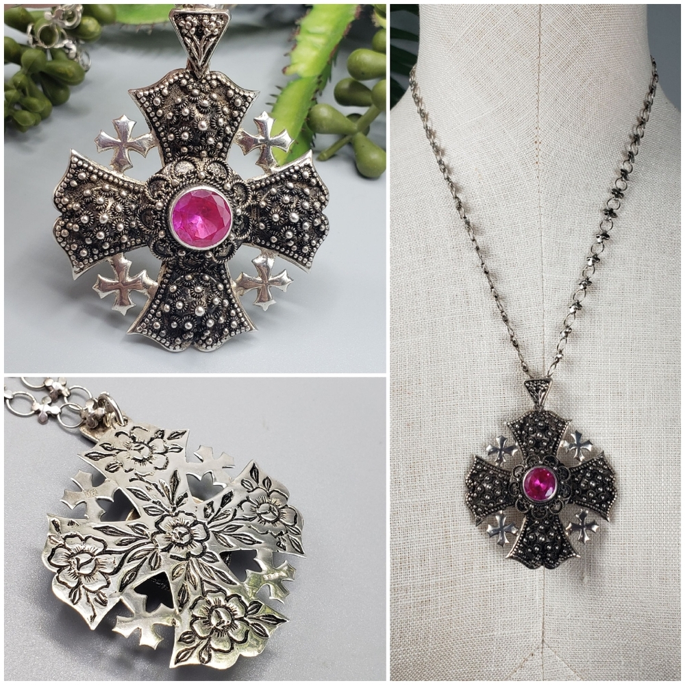 Crusader Cross .925 Sterling Silver w/ a Lrg Pink Sapphire aka Jerusalem Cross